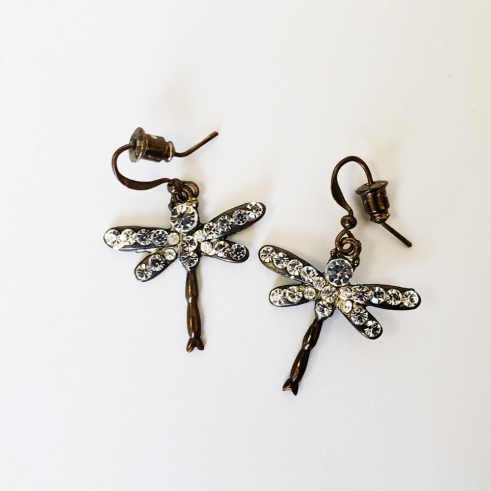 Dragonfly Bronze Earrings Filled With Rhinestones